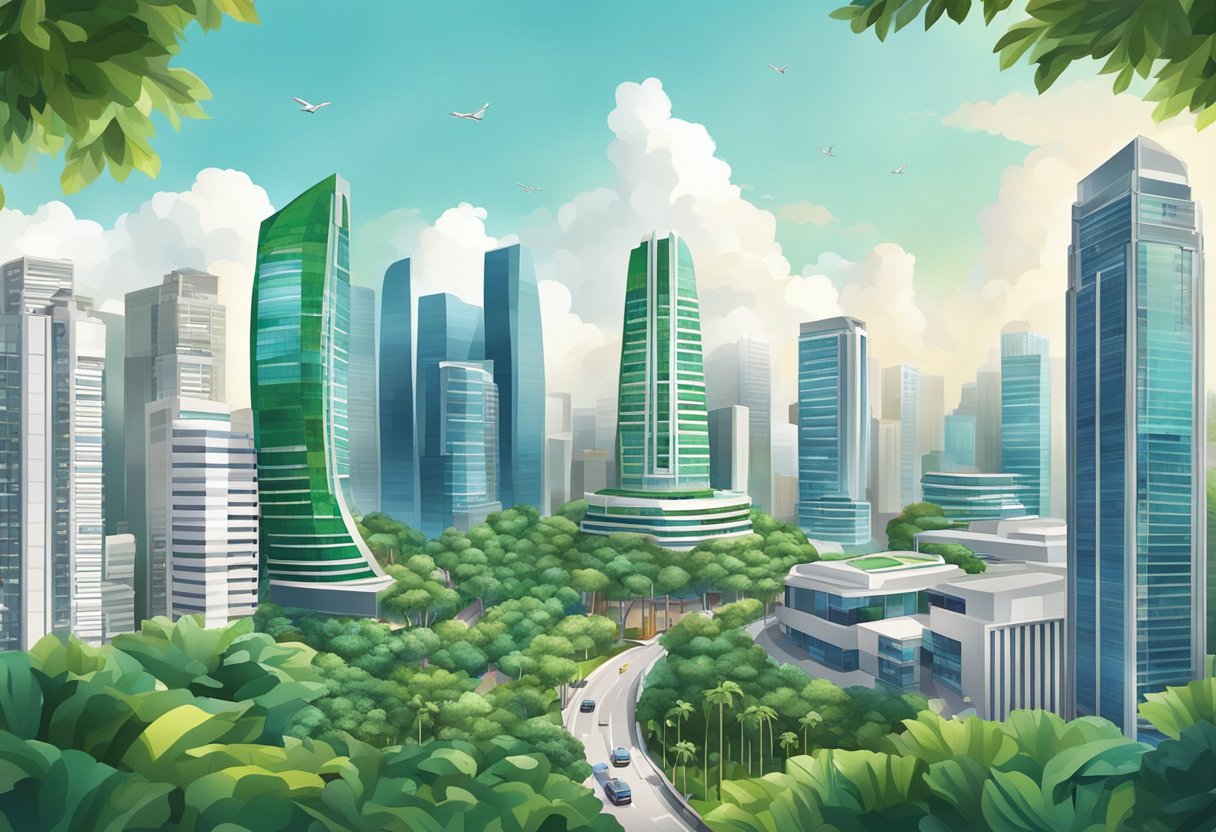 A bustling cityscape with modern skyscrapers and lush greenery, featuring the iconic Royce Singapore building as the focal point