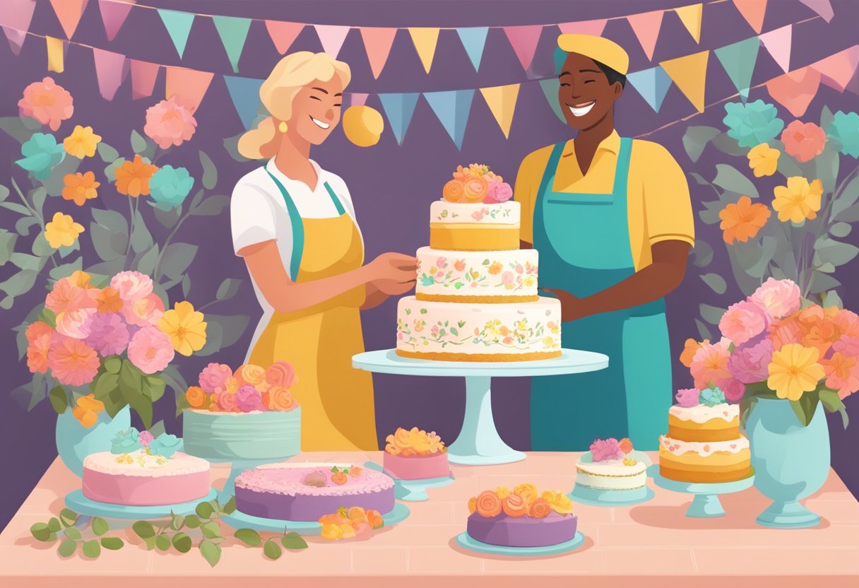 A beautifully decorated cake sits on a table, surrounded by colorful flowers and elegant cake stands. A delivery person holds a box labeled "Choosing Your Perfect Cake" with a smile
