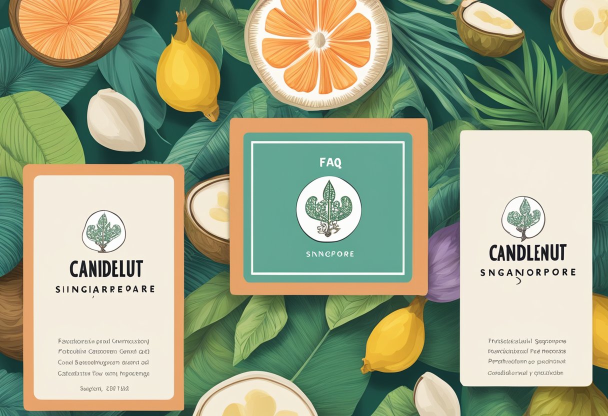 A stack of FAQ cards with "Candlenut Singapore" logo, surrounded by tropical ingredients and traditional Peranakan patterns