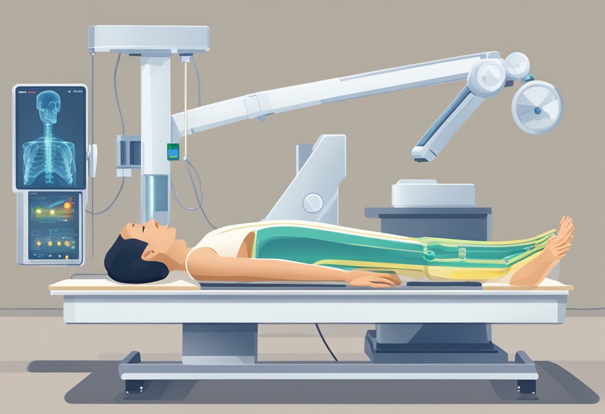 A person lies on a flat table while a machine passes over their body, emitting low-dose X-rays to measure bone density