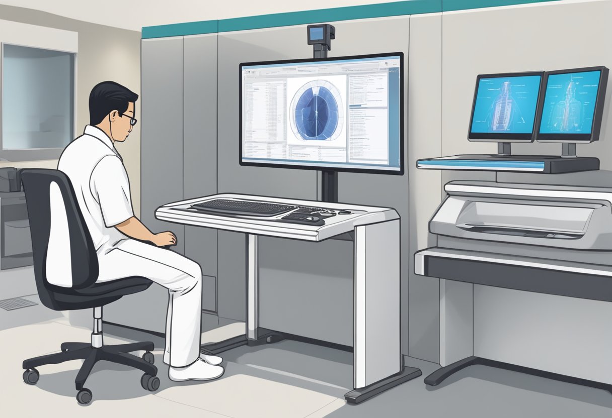 A technician operates a DEXA scanner in a modern medical facility in Singapore. The machine is positioned next to a computer monitor displaying FAQs about the procedure