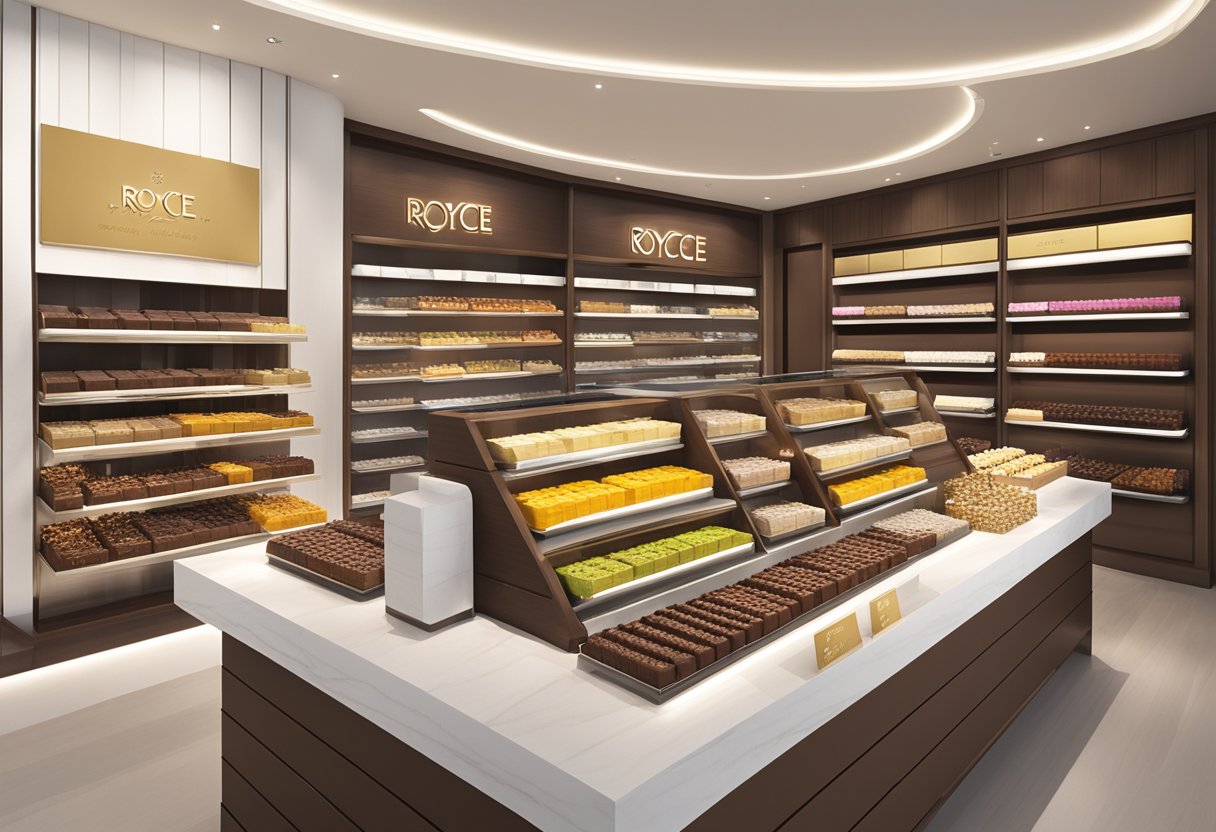 A display of Royce' chocolate offerings in a sleek Singaporean store, showcasing various flavors and packaging