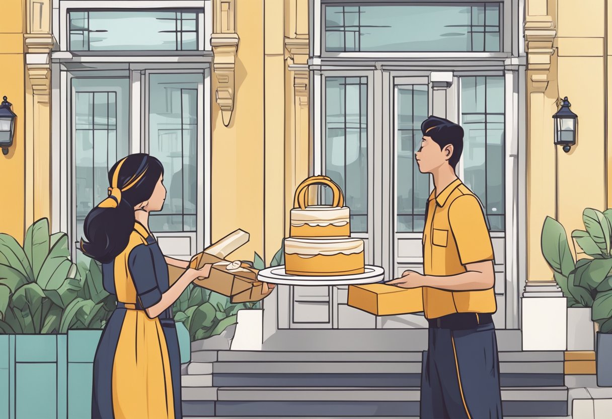 A delivery person hands over a cake to a customer at their doorstep in Singapore