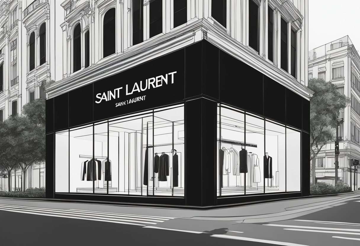 The iconic Saint Laurent storefront in Singapore, with sleek black and white design, prominent logo, and elegant window displays