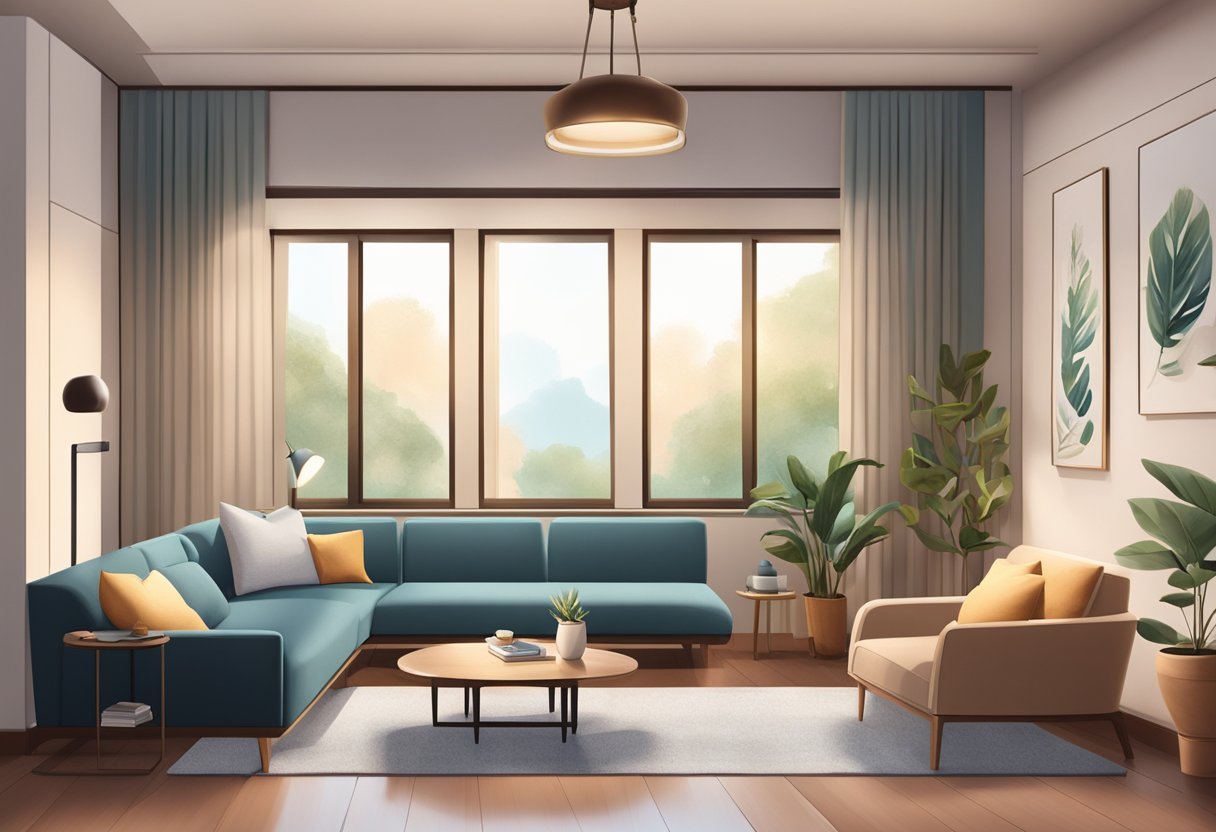 A psychologist's office in Singapore with a cozy couch, calming decor, and soft lighting