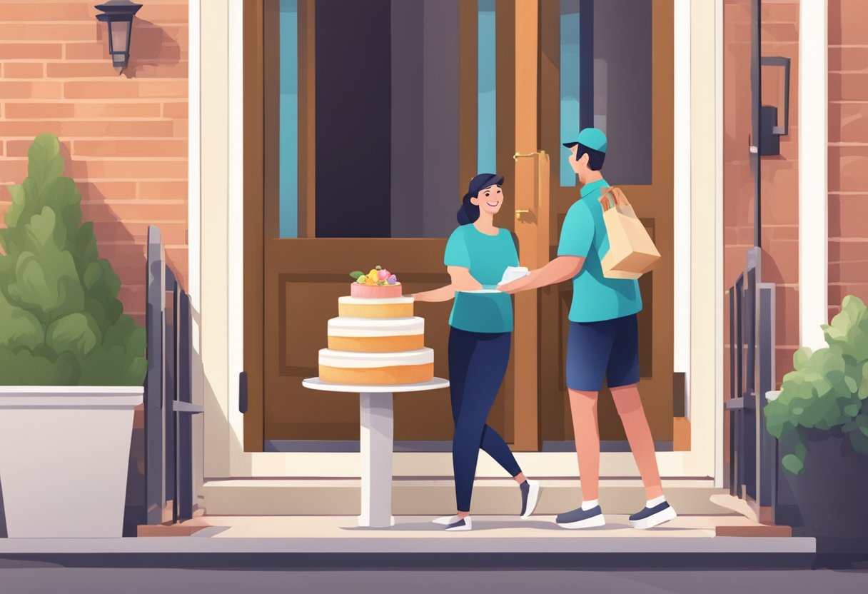 A delivery person handing over a cake box to a smiling customer at their doorstep