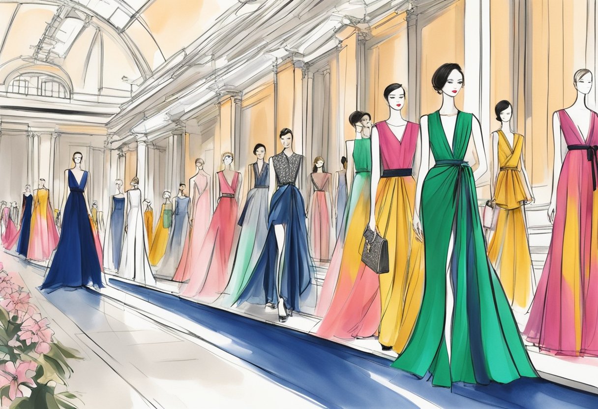 A grand fashion show in Singapore, with iconic Yves Saint Laurent designs on display. The runway is adorned with luxurious fabrics and vibrant colors, capturing the legacy of the renowned designer