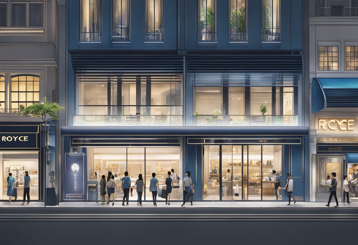 A bustling street in Singapore, with a modern storefront displaying the Royce brand. Bright lights and sleek design draw in passersby