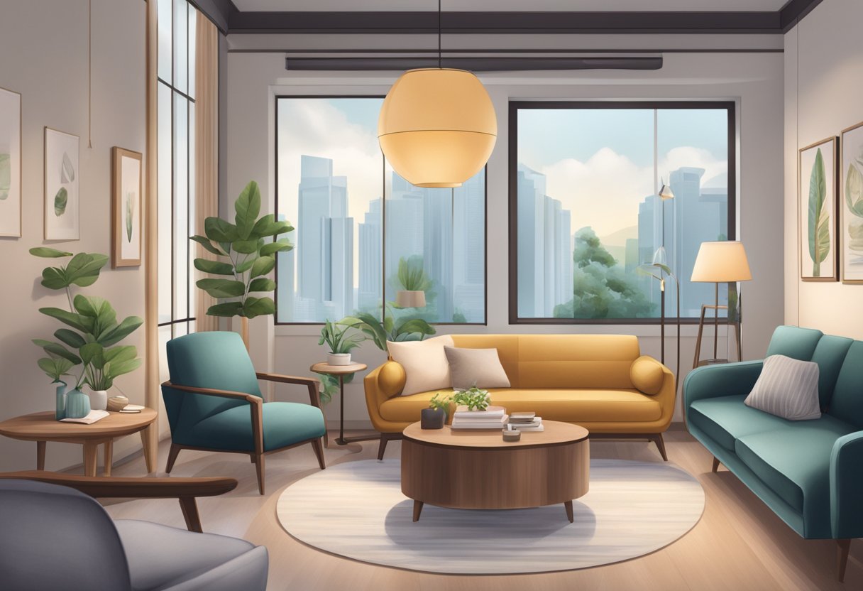 A psychologist's office in Singapore with a cozy, modern interior, filled with comfortable furniture and calming decor