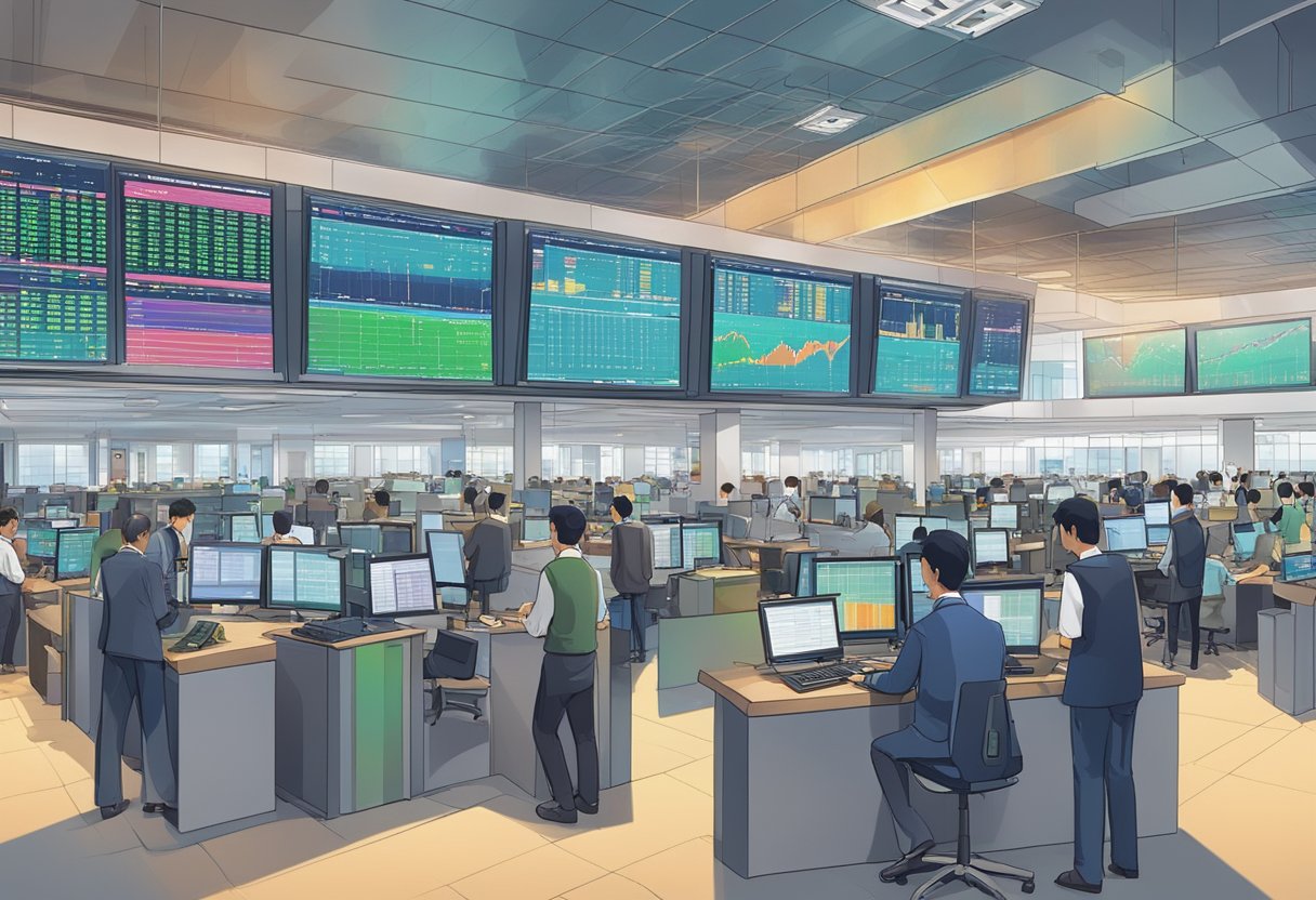 The ETF Singapore scene shows a bustling trading floor with electronic boards displaying stock prices and traders engaged in transactions