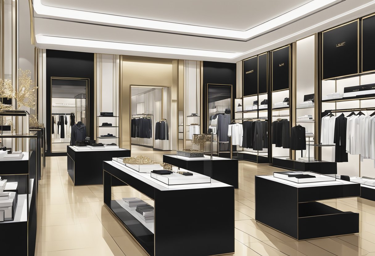Luxurious Saint Laurent store in Singapore with sleek, modern decor, elegant displays of designer goods, and stylish shoppers browsing the latest collections