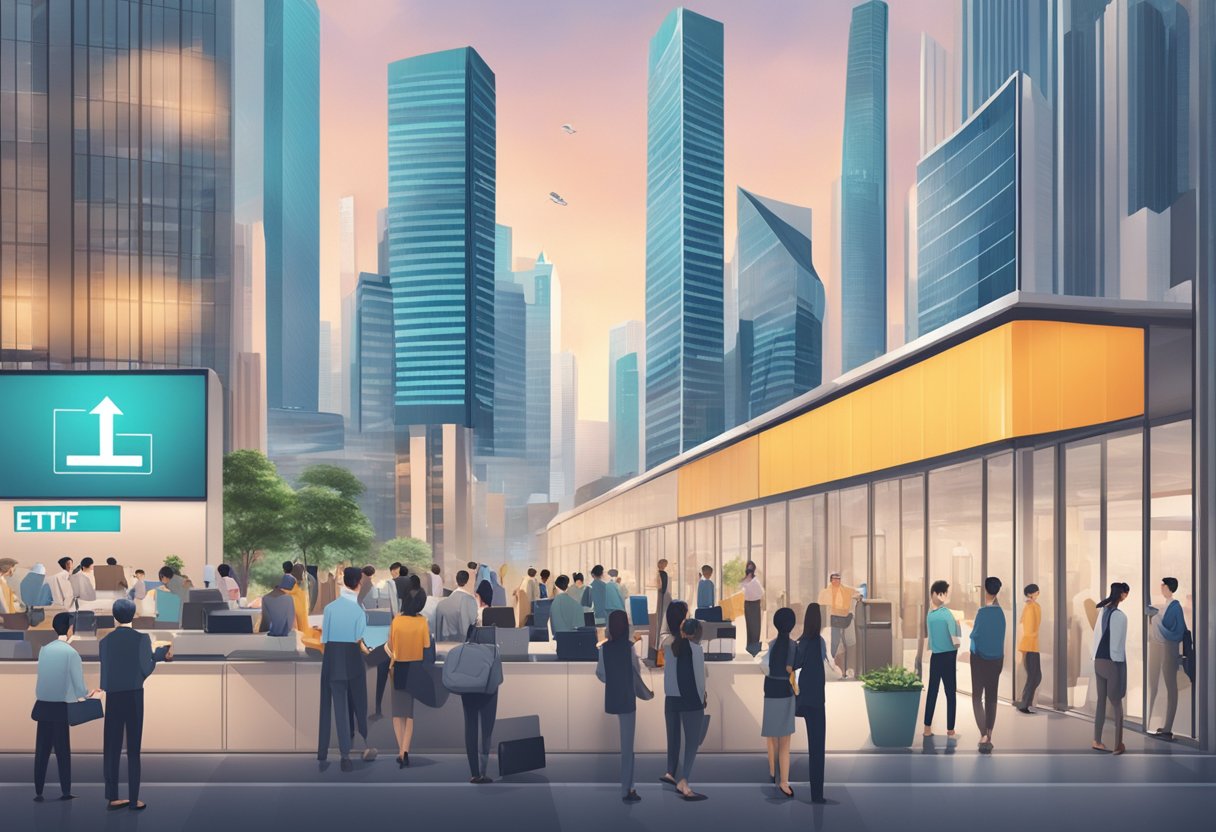 A bustling Singapore financial district with ETF signage and investors discussing ETFs at a modern office