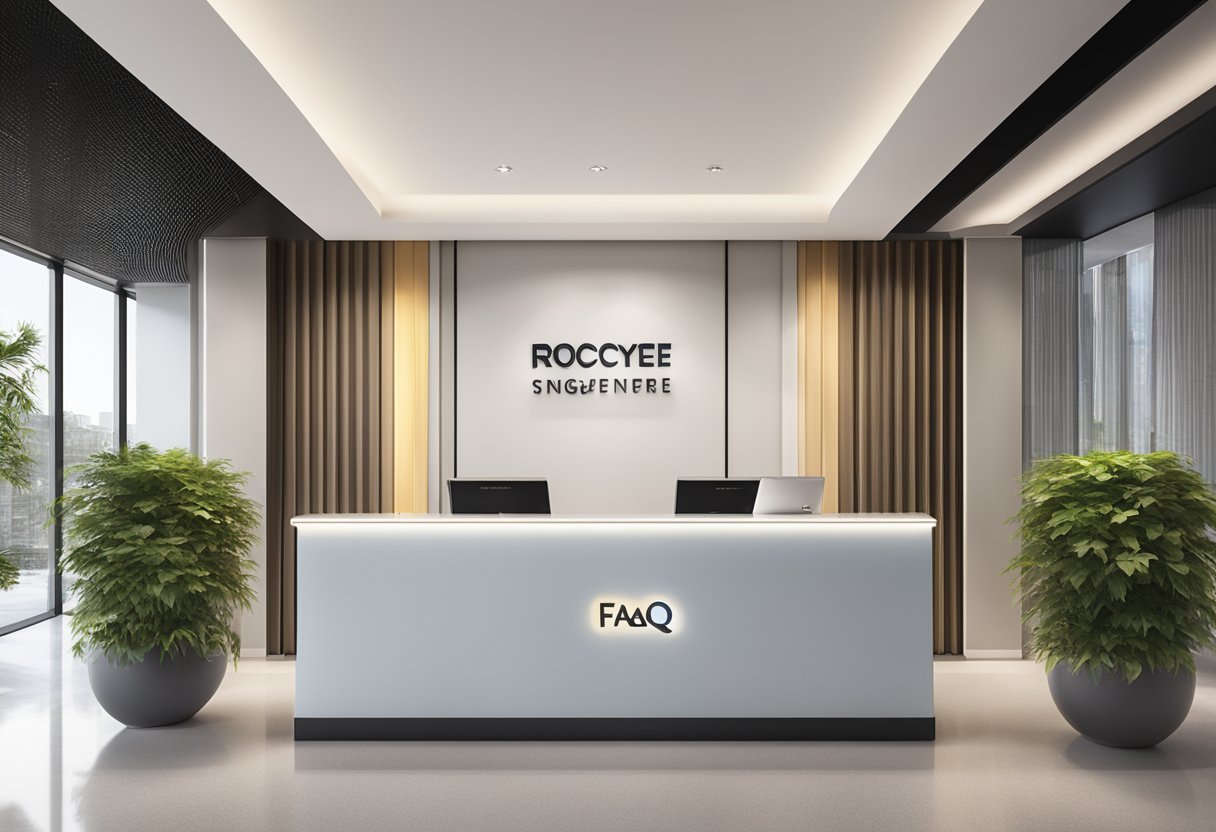 A stack of FAQ brochures with the "Frequently Asked Questions" title and the Royce Singapore logo on a sleek, modern reception desk