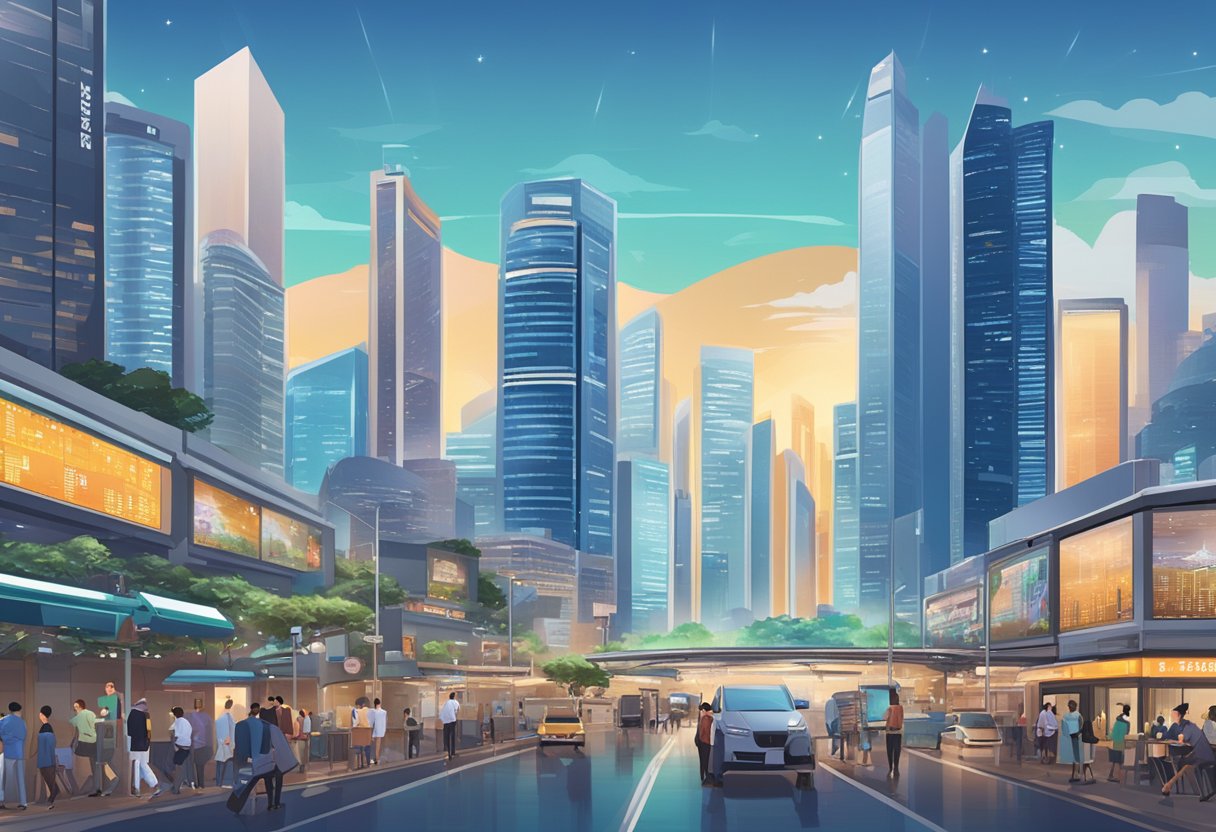 A bustling Singapore cityscape with financial district skyscrapers and ETF ticker symbols displayed on digital billboards