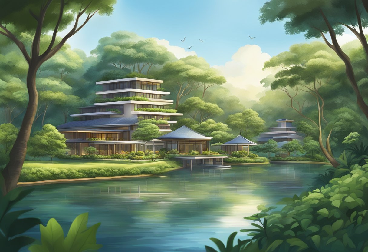 A tranquil scene of Dream Lodge Singapore, with lush greenery, a serene lake, and modern architecture nestled in the heart of nature
