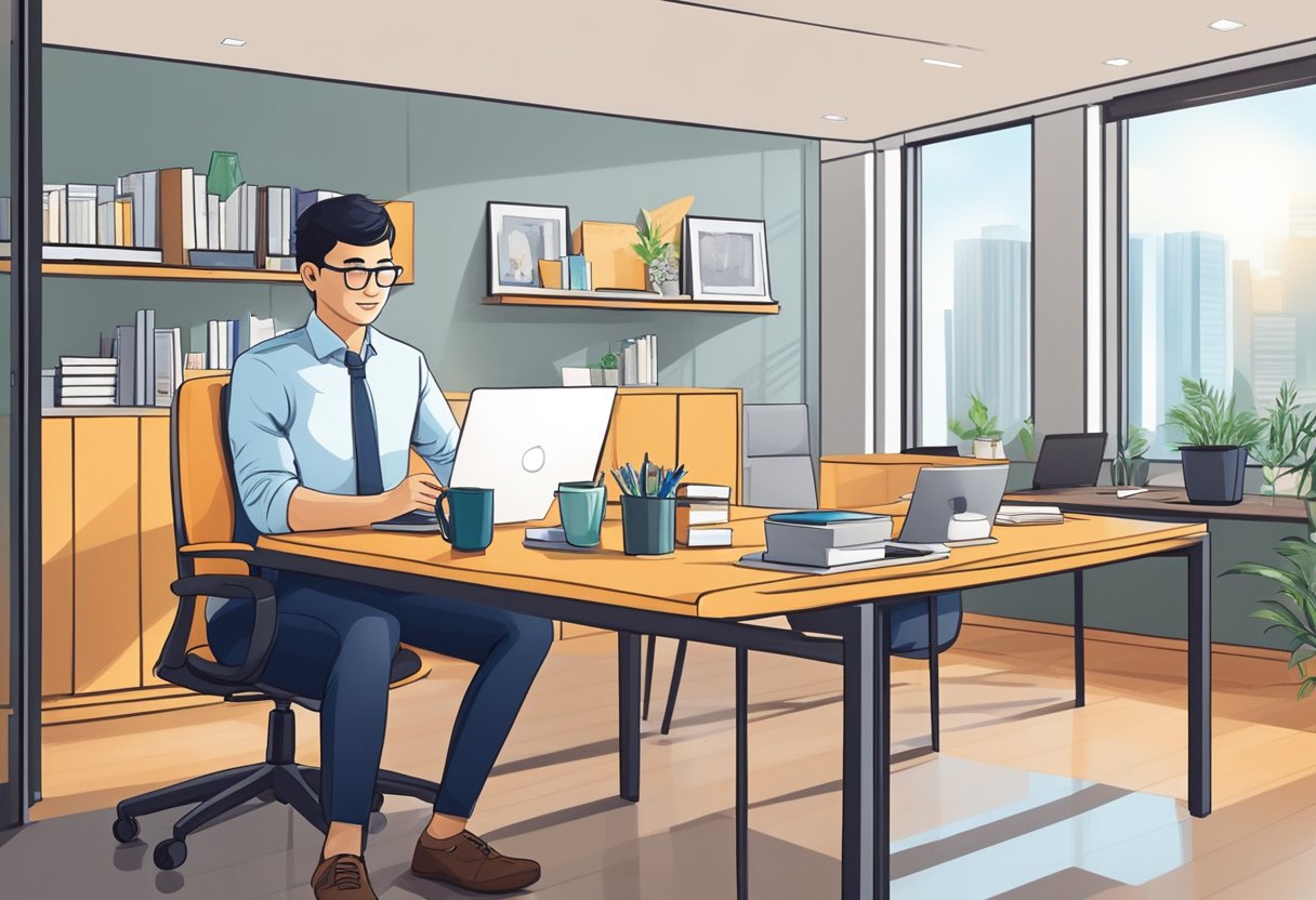 A psychologist in Singapore answers common questions in a modern office setting with a warm and inviting atmosphere