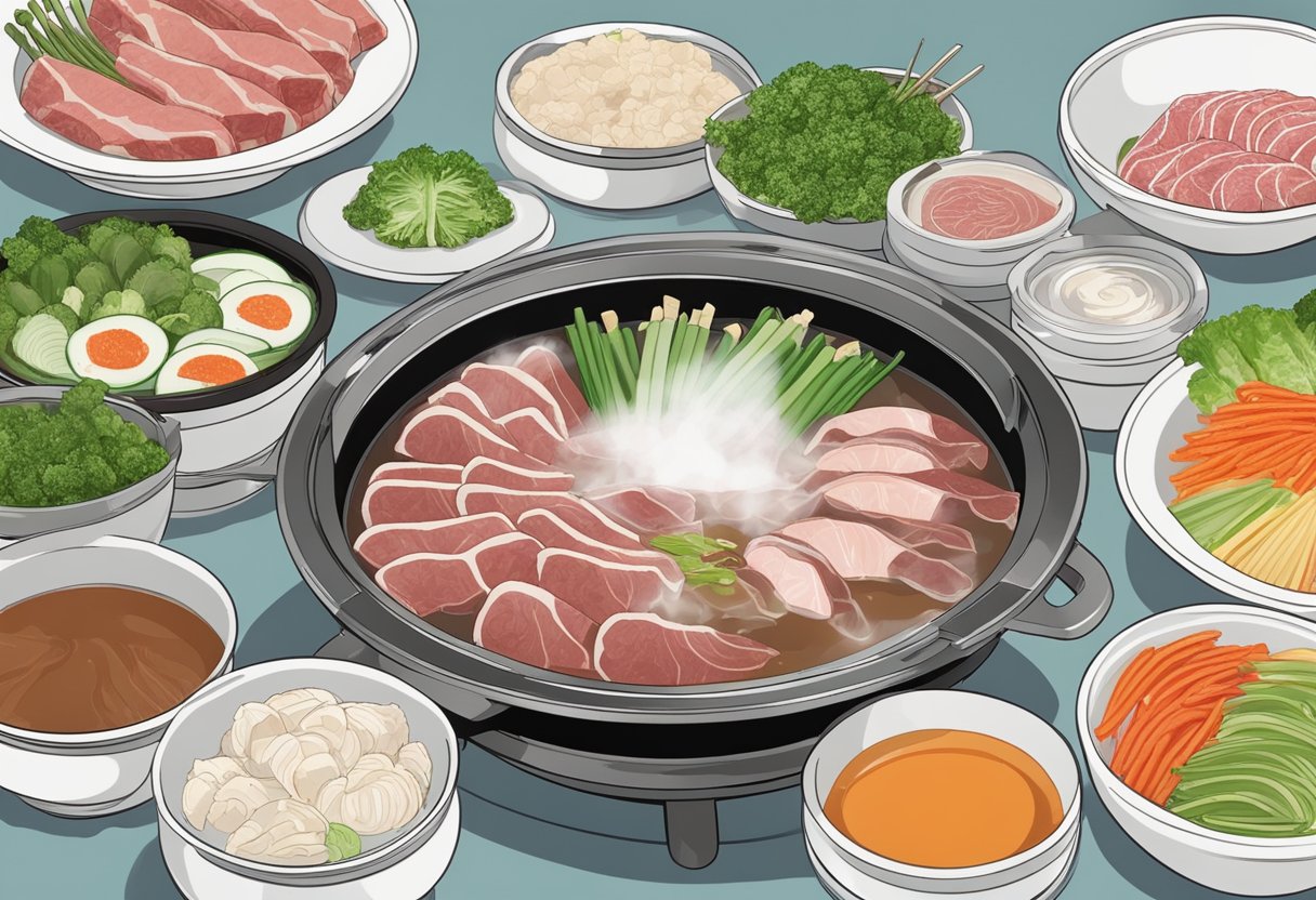 A steaming hot pot of shabu shabu surrounded by plates of thinly sliced meat, fresh vegetables, and dipping sauces. Steam rises from the bubbling broth as diners eagerly prepare their own meals