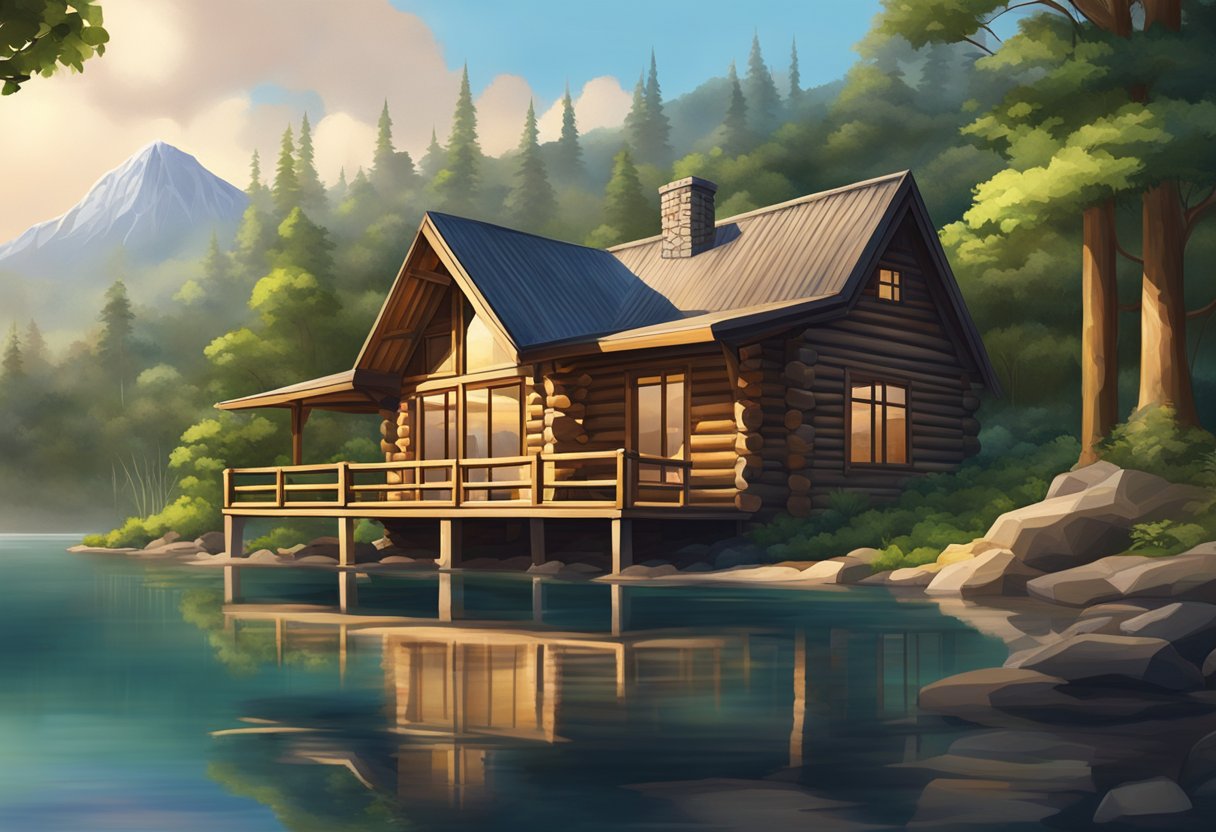A cozy log cabin nestled in a lush tropical forest, with a clear view of a serene lake and the distant city skyline