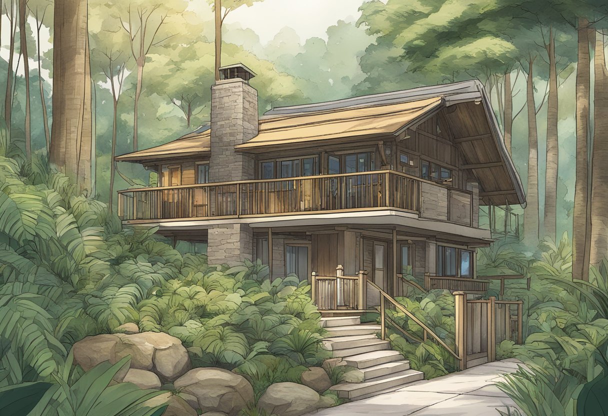 A cozy lodge nestled in a lush Singaporean forest, with a sign displaying "Frequently Asked Questions" at the entrance