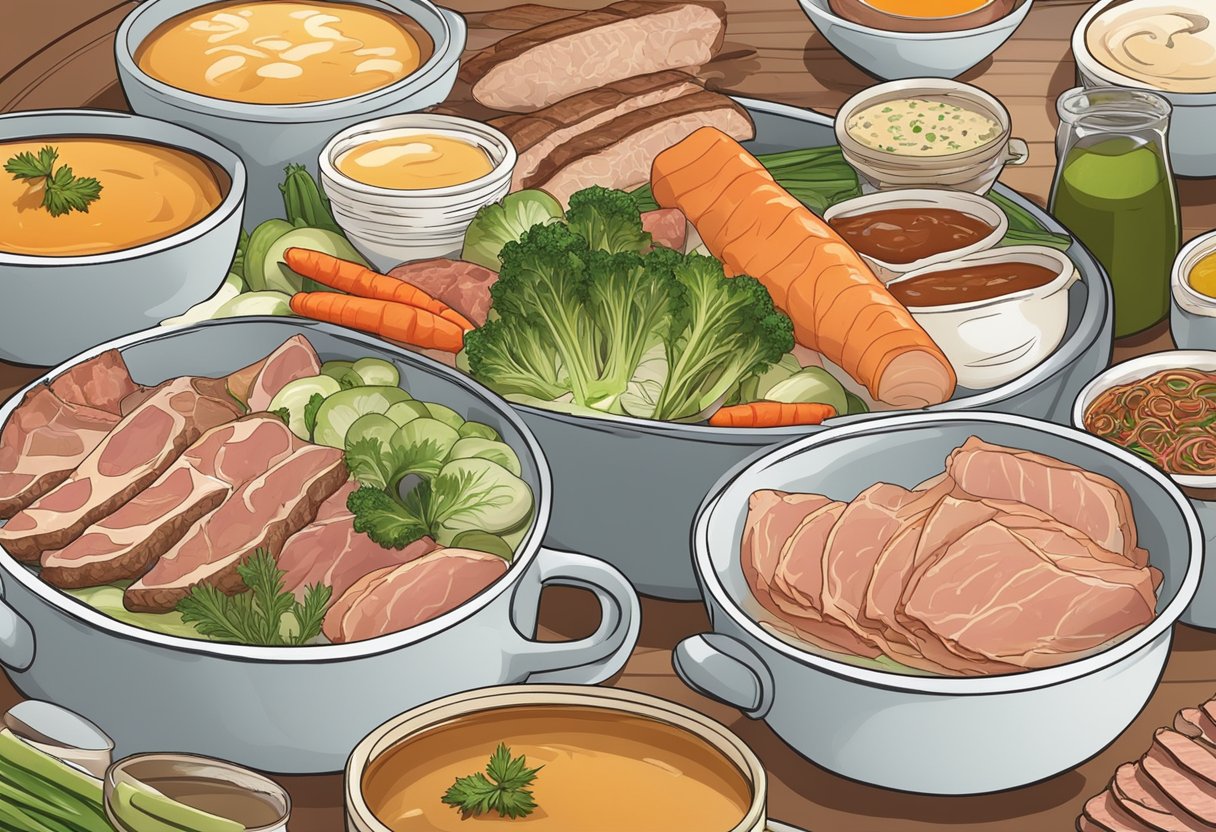 A table set with a steaming pot of broth, surrounded by an array of thinly sliced meats, fresh vegetables, and dipping sauces
