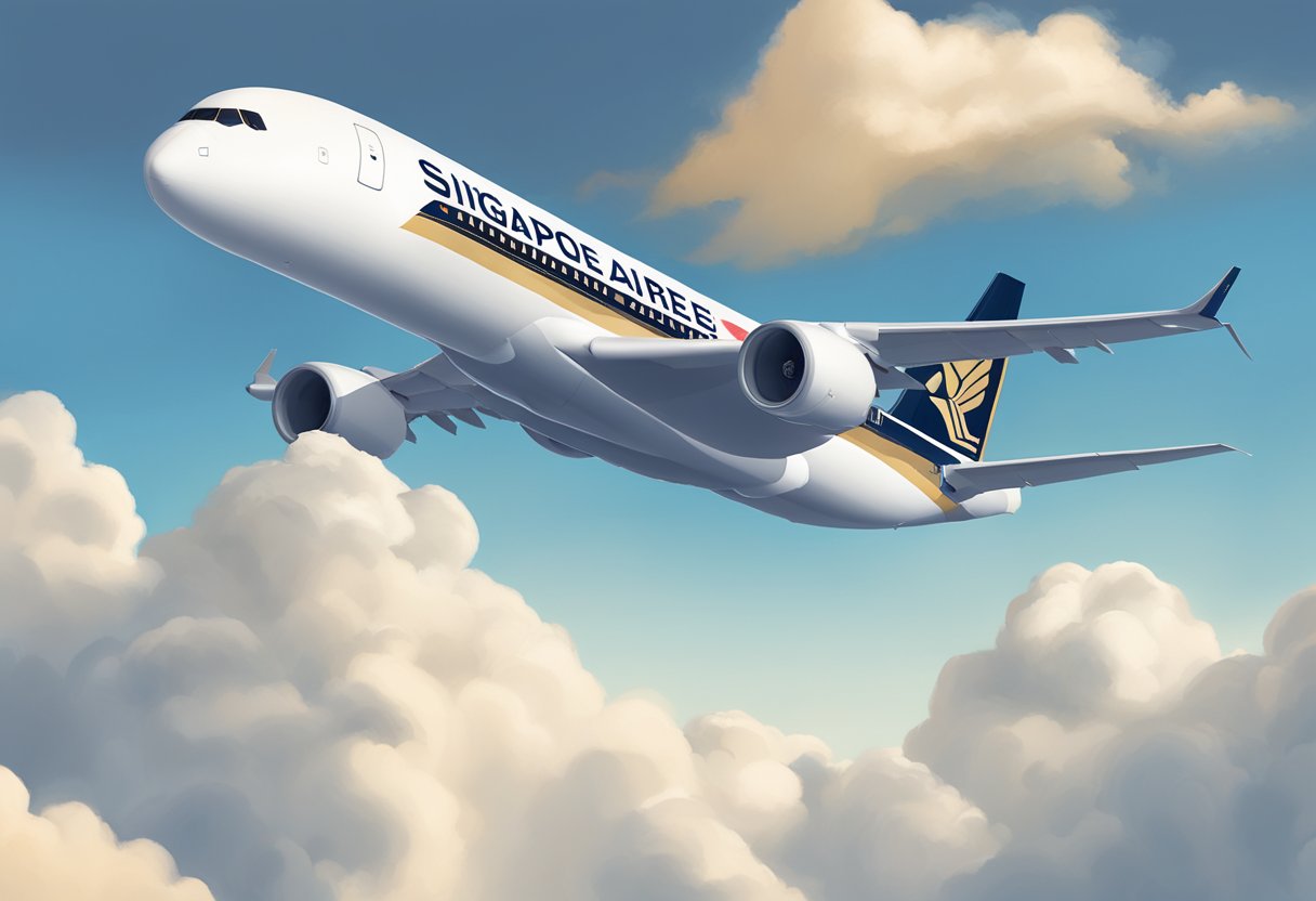 A Singapore Airlines plane with the "KrisFlyer" logo flying high in the sky, with clear blue skies and fluffy white clouds in the background