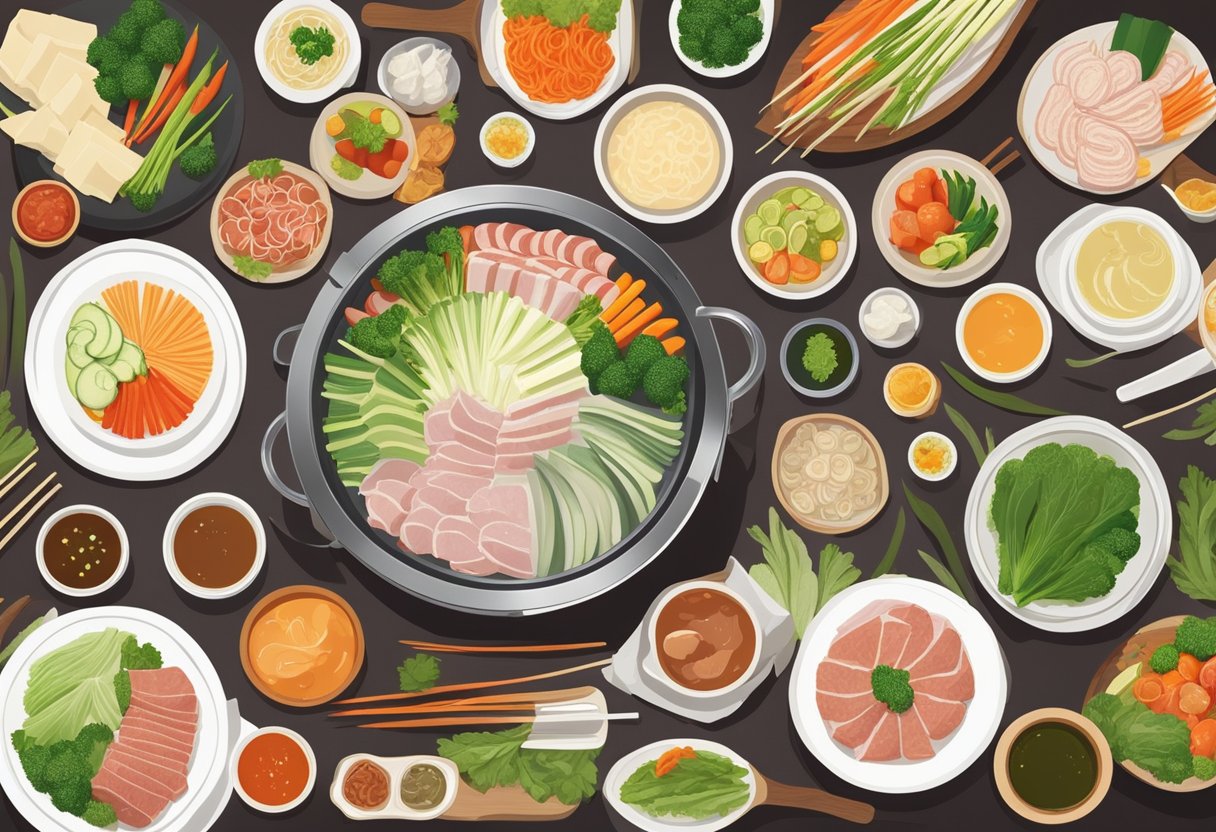 A table set with a steaming pot of shabu shabu surrounded by an array of fresh vegetables, thinly sliced meats, and dipping sauces. The atmosphere is warm and inviting, with soft lighting and elegant table settings