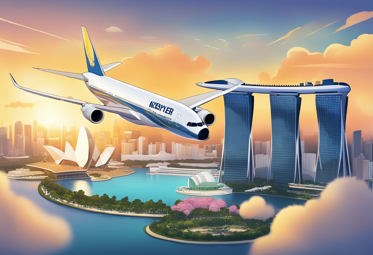 A plane with the KrisFlyer logo flying over the Singapore skyline at sunset, with the iconic Marina Bay Sands and Gardens by the Bay in the background