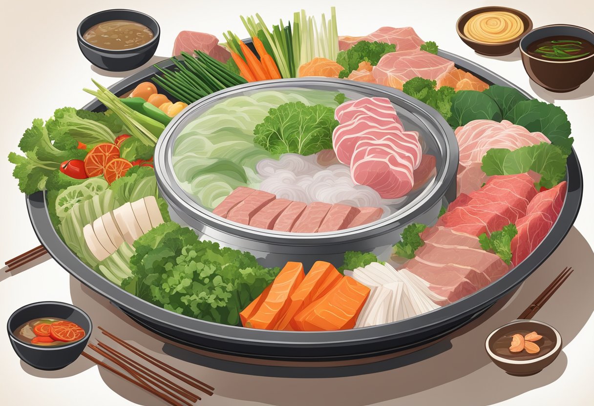 A steaming hot pot of shabu shabu surrounded by a variety of fresh, colorful vegetables and thinly sliced meats, with chopsticks resting on the side