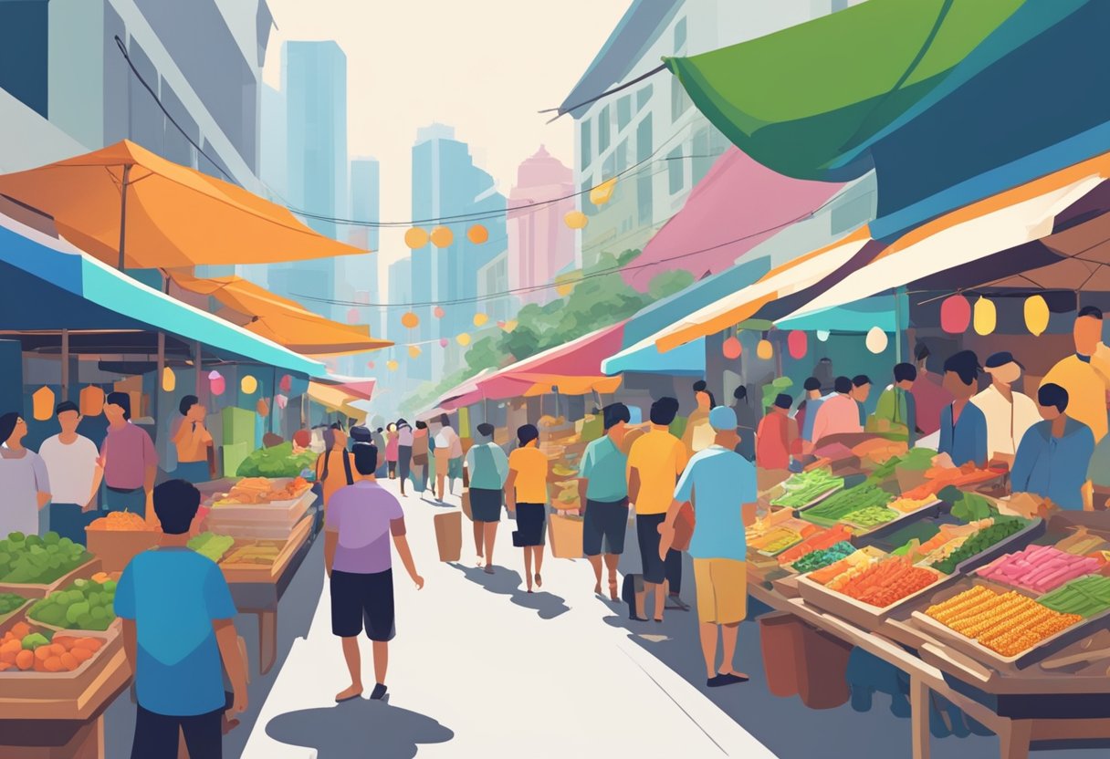 A bustling Singapore street lined with colorful food stalls and vendors, with busy locals and tourists milling about
