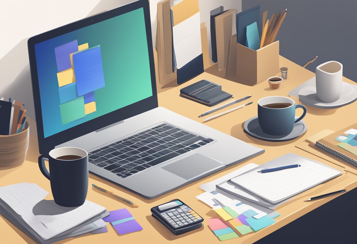A laptop sits on a cluttered desk, surrounded by notebooks and pens. A calendar with dates circled hangs on the wall. A coffee mug and a stack of business cards are nearby