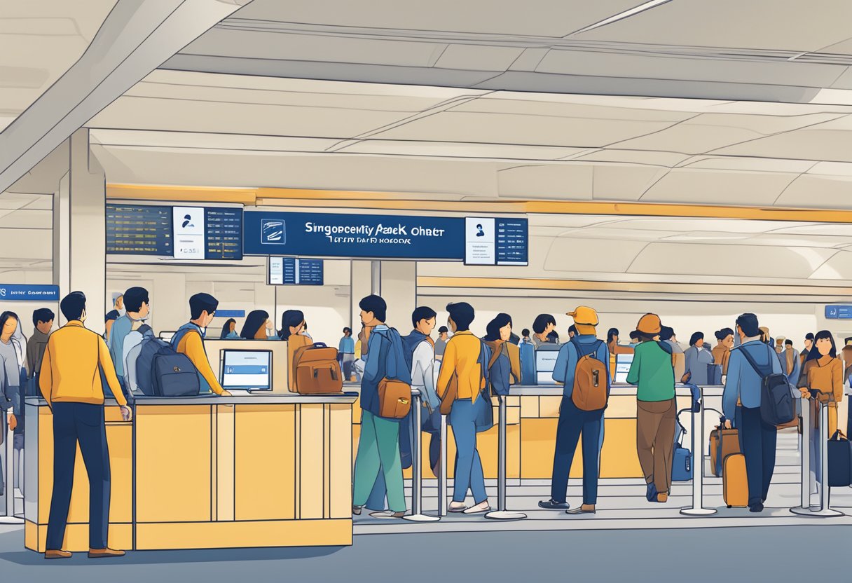 A busy airport check-in counter with a Singapore Airlines logo, a line of passengers, and a sign displaying "Frequently Asked Questions - KrisFlyer"