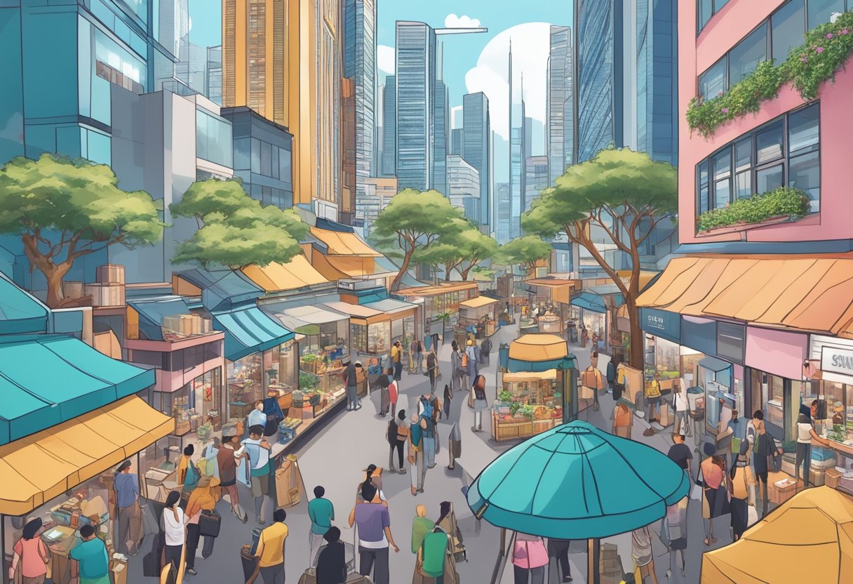 A bustling cityscape with skyscrapers and small businesses, people networking and exchanging goods, representing the growth of side hustles in Singapore
