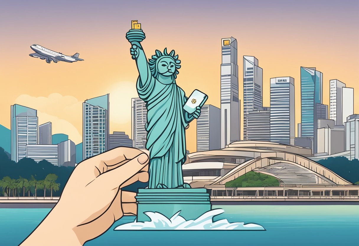 A hand holding a Singapore entry card with the iconic Merlion statue and city skyline in the background