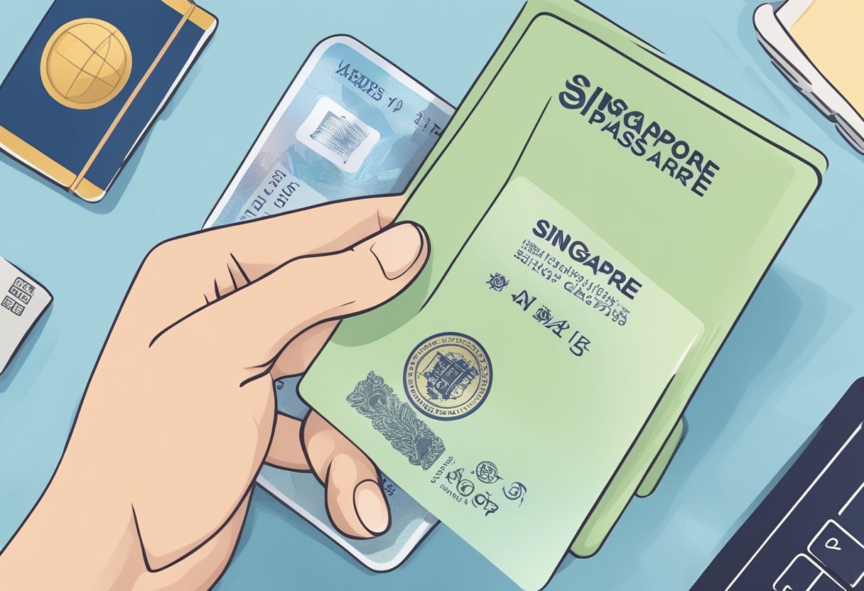 A hand holding a Singapore Entry Card with a passport in the background