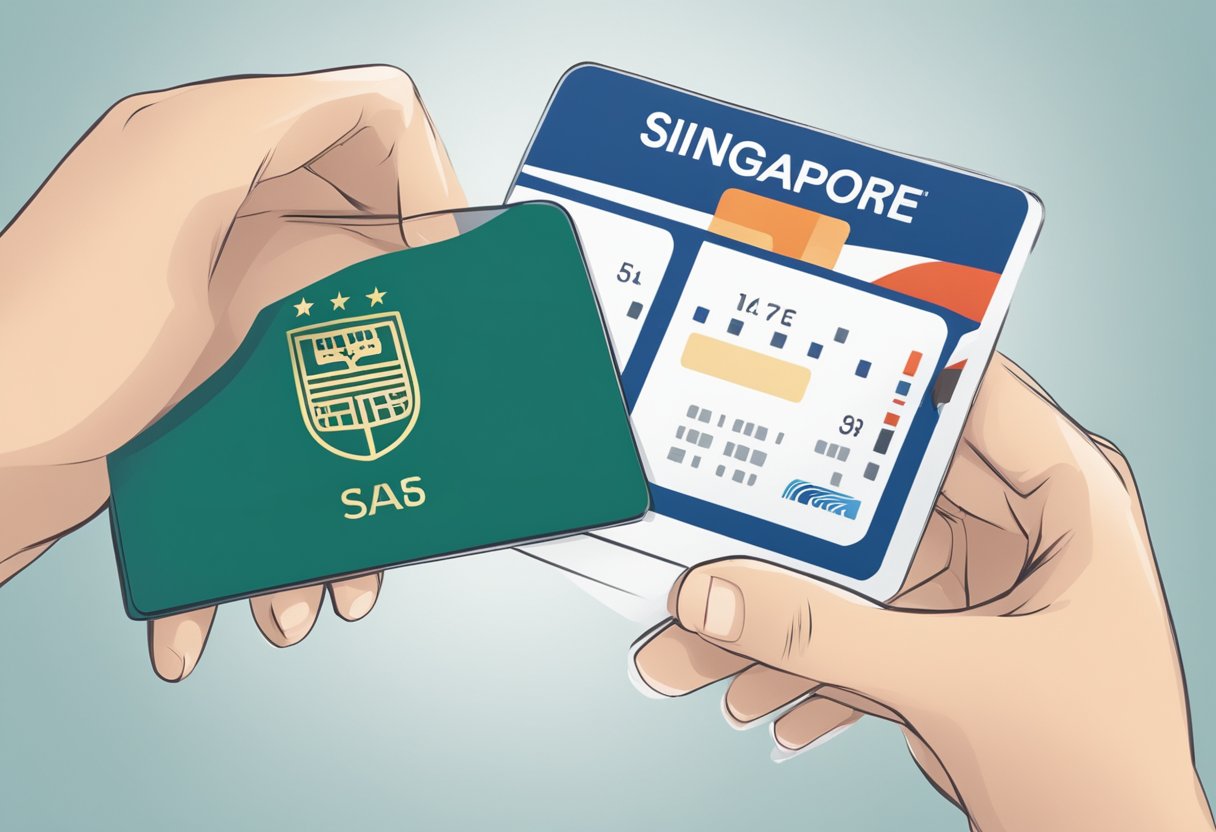 A hand holding a Singapore entry card, with a passport in the background