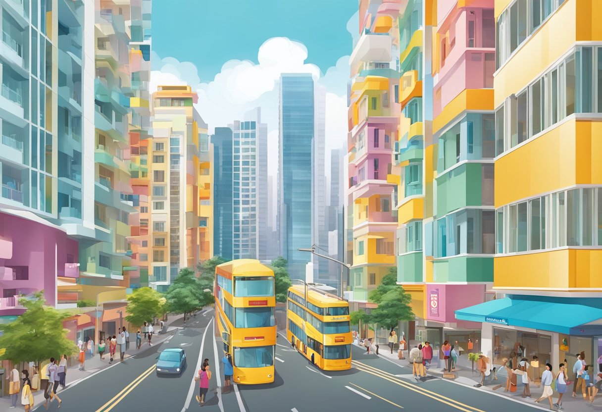 The bustling streets of Citadines Rochor, Singapore, with colorful buildings and vibrant storefronts lining the road