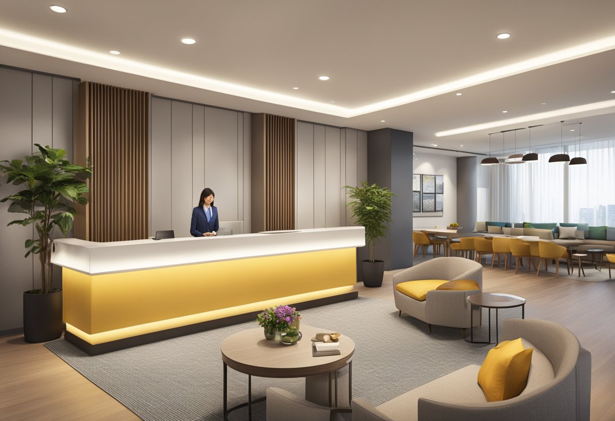 The lobby of Citadines Rochor Singapore showcases modern furniture and a sleek reception desk. A cozy lounge area offers comfortable seating and a stylish decor