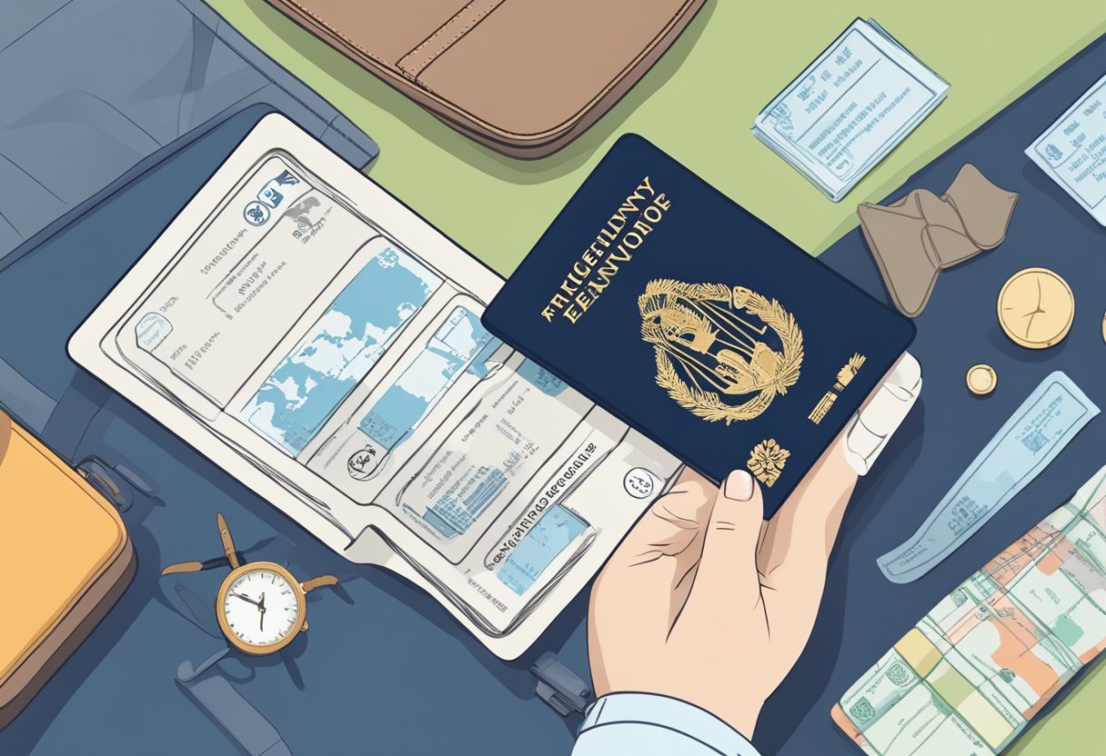 A hand holding a Singapore entry card with "Frequently Asked Questions" text, surrounded by travel essentials like a passport, map, and luggage