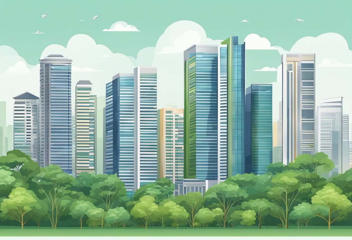 A row of modern high-rise buildings in Singapore, with sleek architectural design and lush greenery surrounding them, showcasing the city's housing index