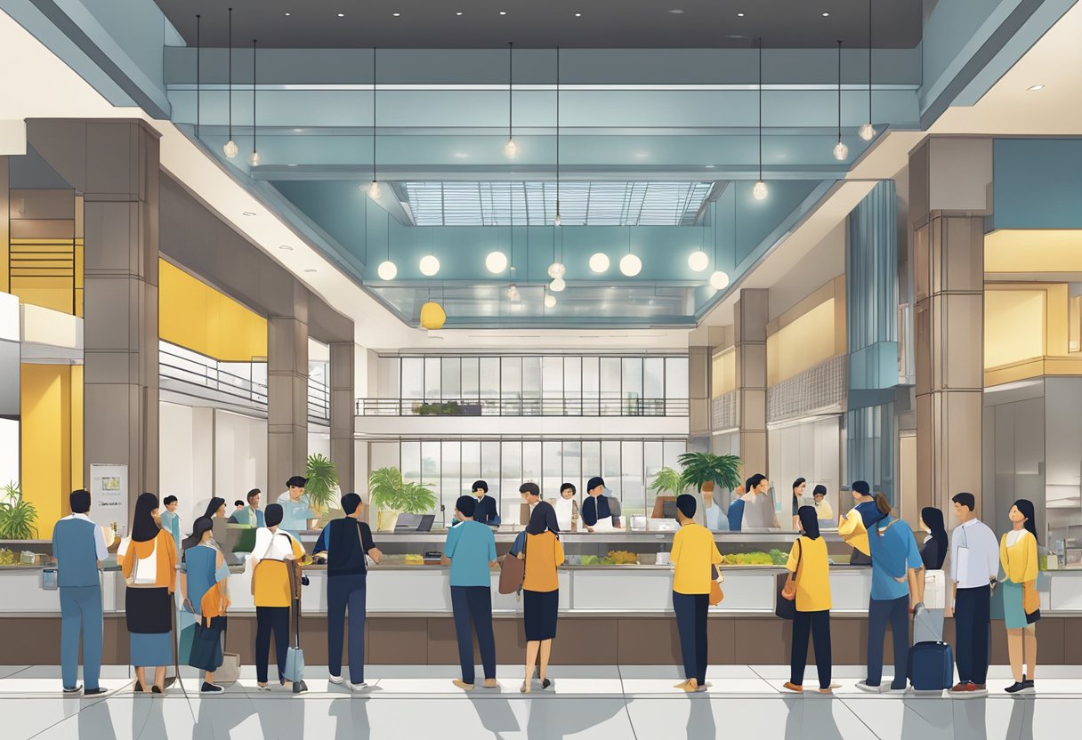 The bustling lobby of Citadines Rochor Singapore, with guests checking in and out, staff assisting, and a prominent FAQ board