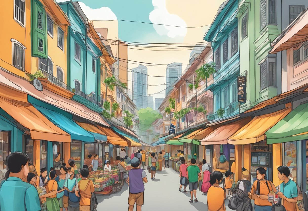 A bustling street in Singapore with colorful shophouses and vibrant street vendors. The iconic Goli soda bottles being sold and enjoyed by locals