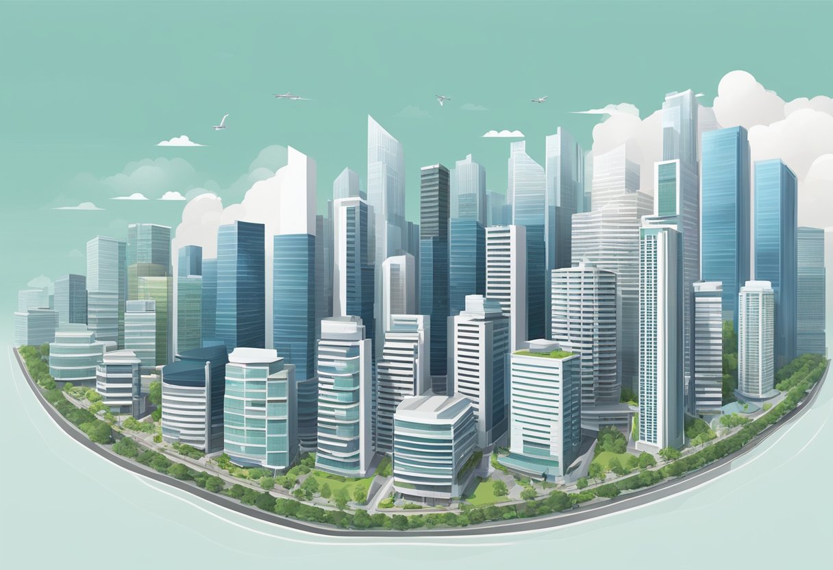 A city skyline with modern high-rise buildings and residential complexes, showcasing the growth and development of Singapore's housing index