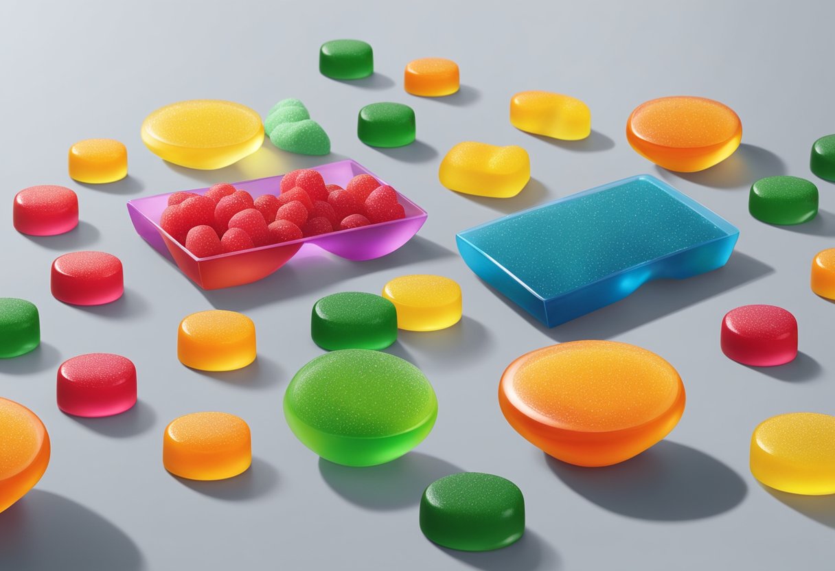 A colorful array of Goli gummies arranged on a sleek, modern table with the Goli logo prominently displayed in the background