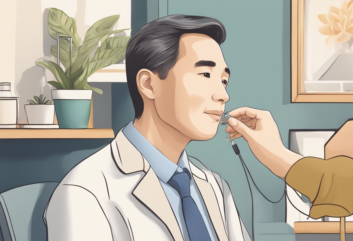 A person in Singapore adjusting a hearing aid