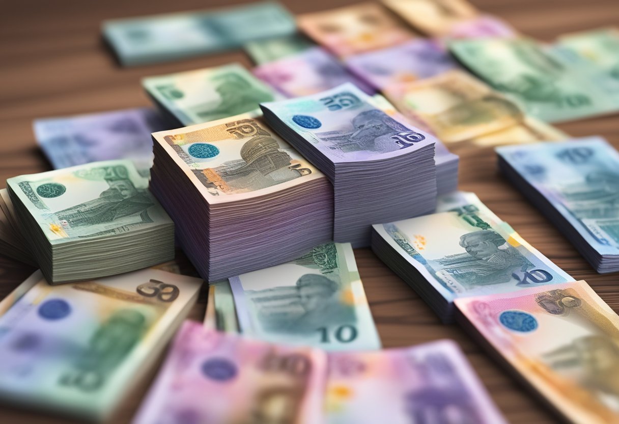 A stack of Singaporean banknotes lies on a polished wooden table, with the intricate designs and vibrant colors of the currency visible