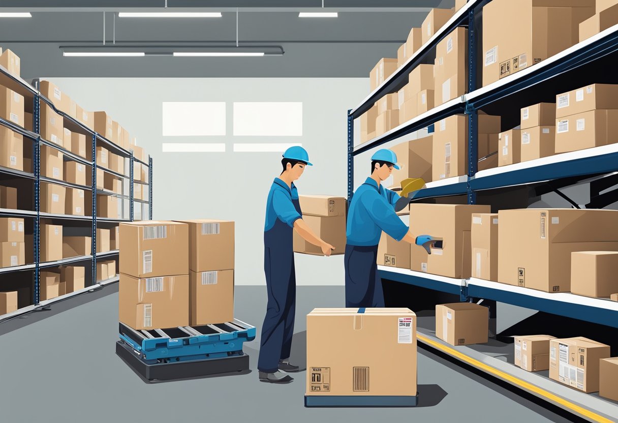 A warehouse worker loads boxes onto a conveyor belt at the Purchasing and Distribution center in Singapore