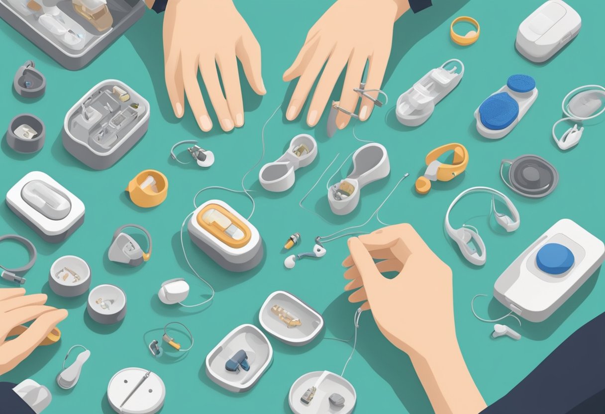 A person in Singapore adjusts a hearing aid while surrounded by various types of hearing aid devices and accessories