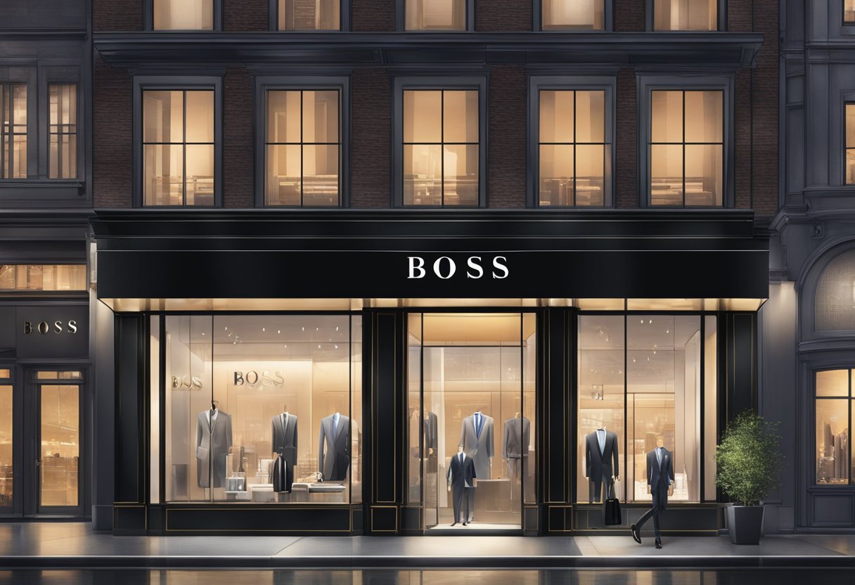 A sleek, modern storefront with the iconic Hugo Boss logo displayed prominently. The store is surrounded by bustling city streets and illuminated by bright lights