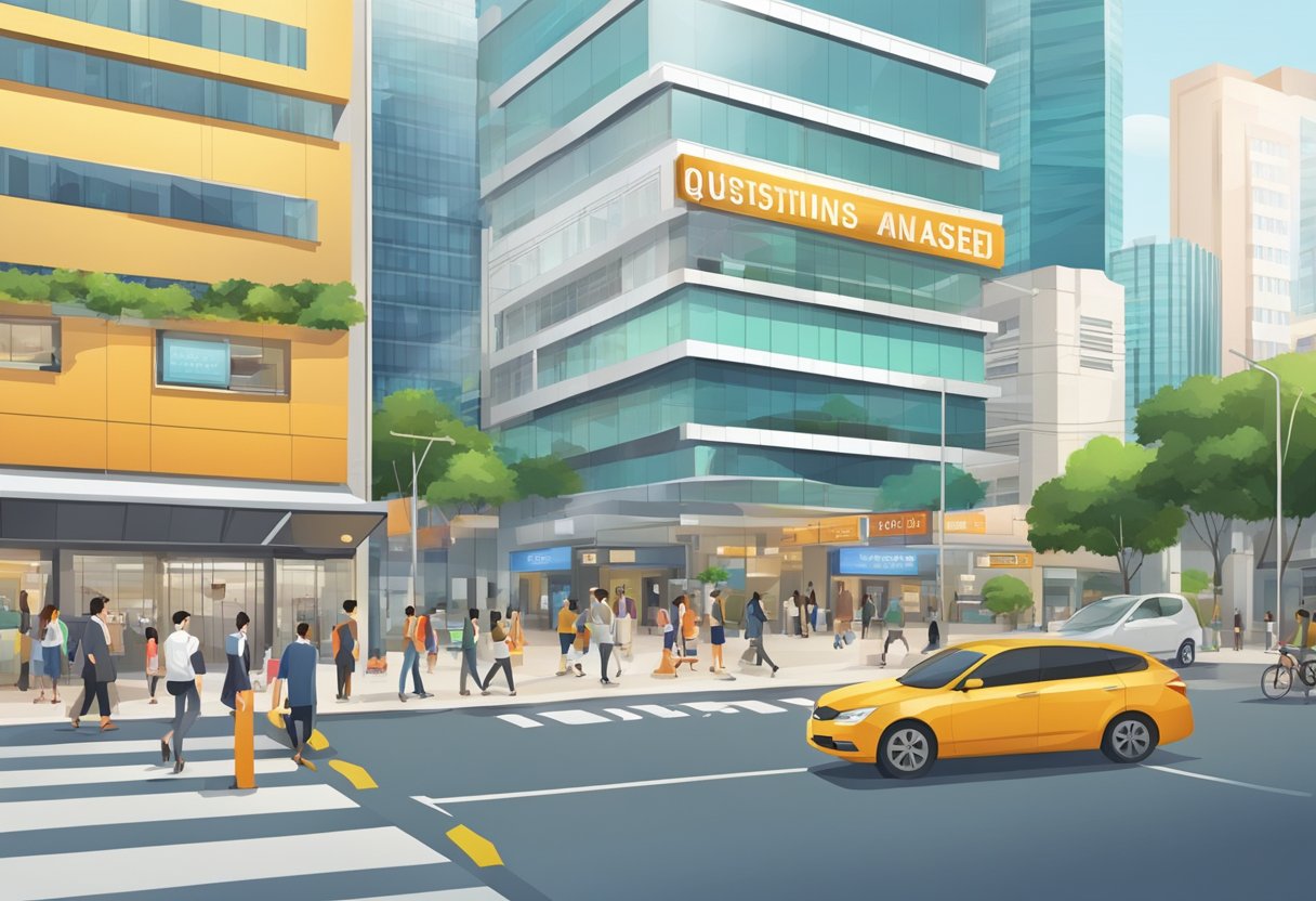 A bustling street in Singapore with a prominent sign for "Frequently Asked Questions" at the entrance of a modern building