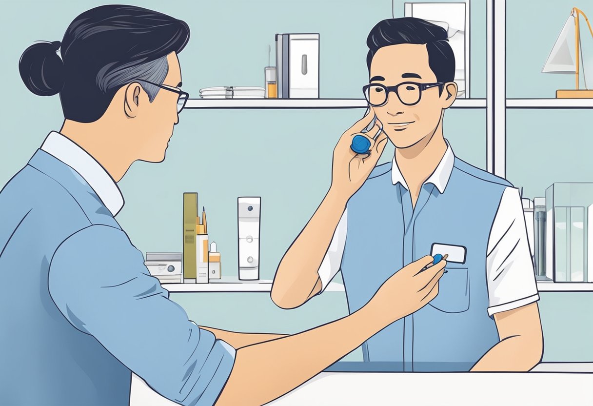 A modern hearing aid being fitted by a professional in a clean and bright hearing care clinic in Singapore